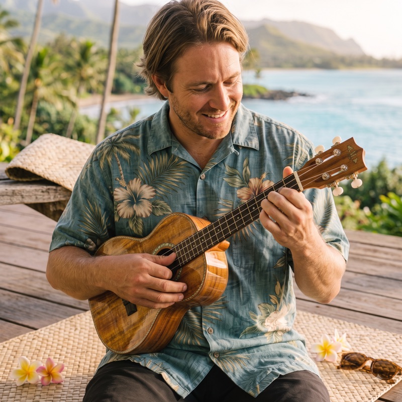 Mark Mustermann sitzt lächelnd am Meer und spielt Ukulele