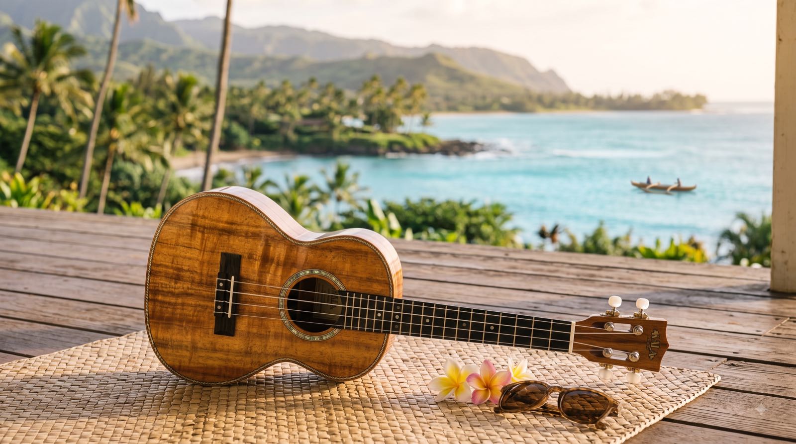 Eine Ukulele liegt auf einer Bastmatte, im Hintergrund Palmen und das Meer